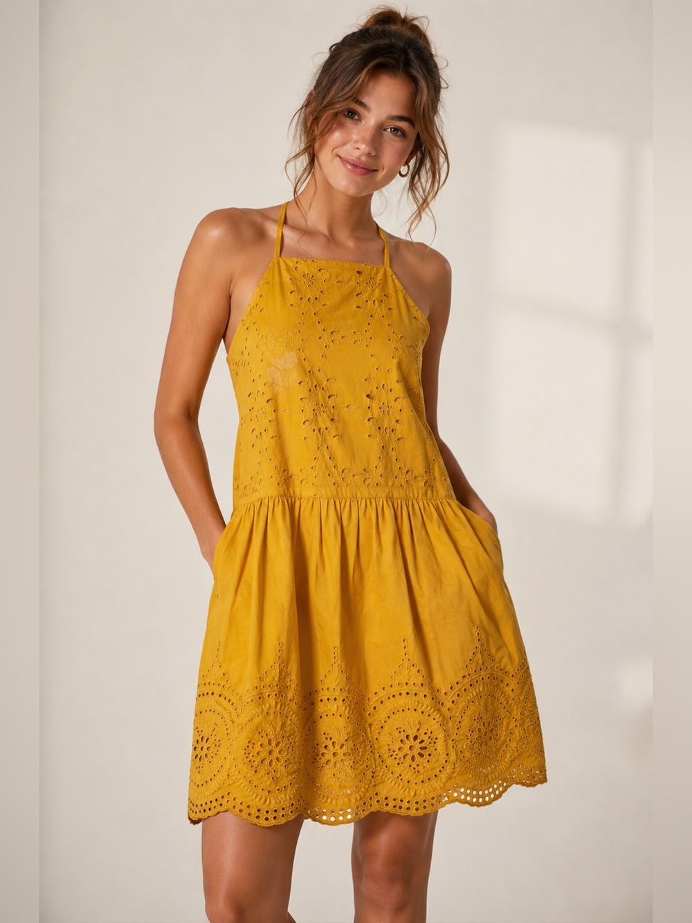 Abercrombie & Fitch Eyelet Halter Dress | Mustard Yellow | Size S EUC sundress